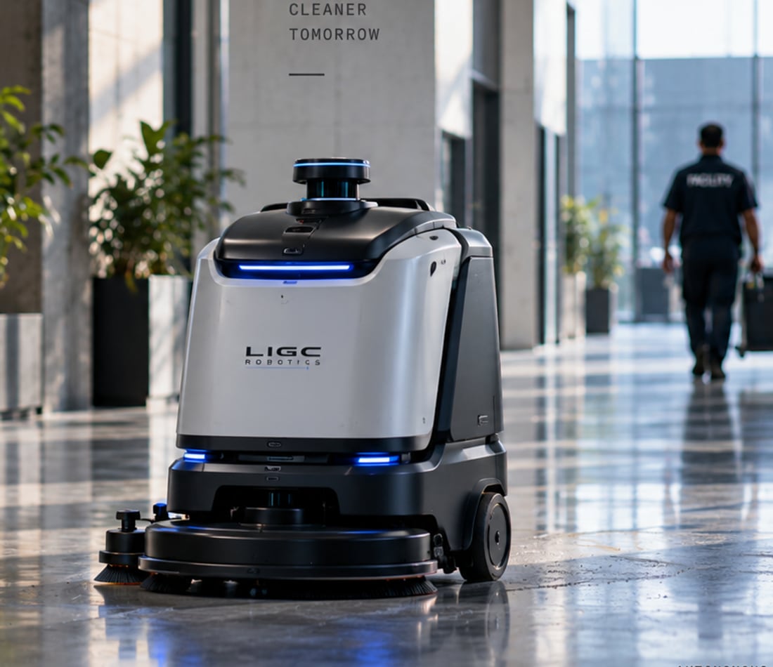 A floor-scrubbing robot working along a wide indoor concourse.