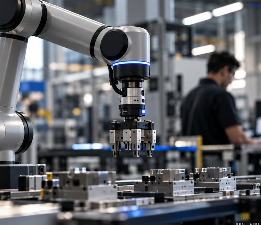 A collaborative robot arm with a multi-finger gripper working over a fixture bench beside an operator.