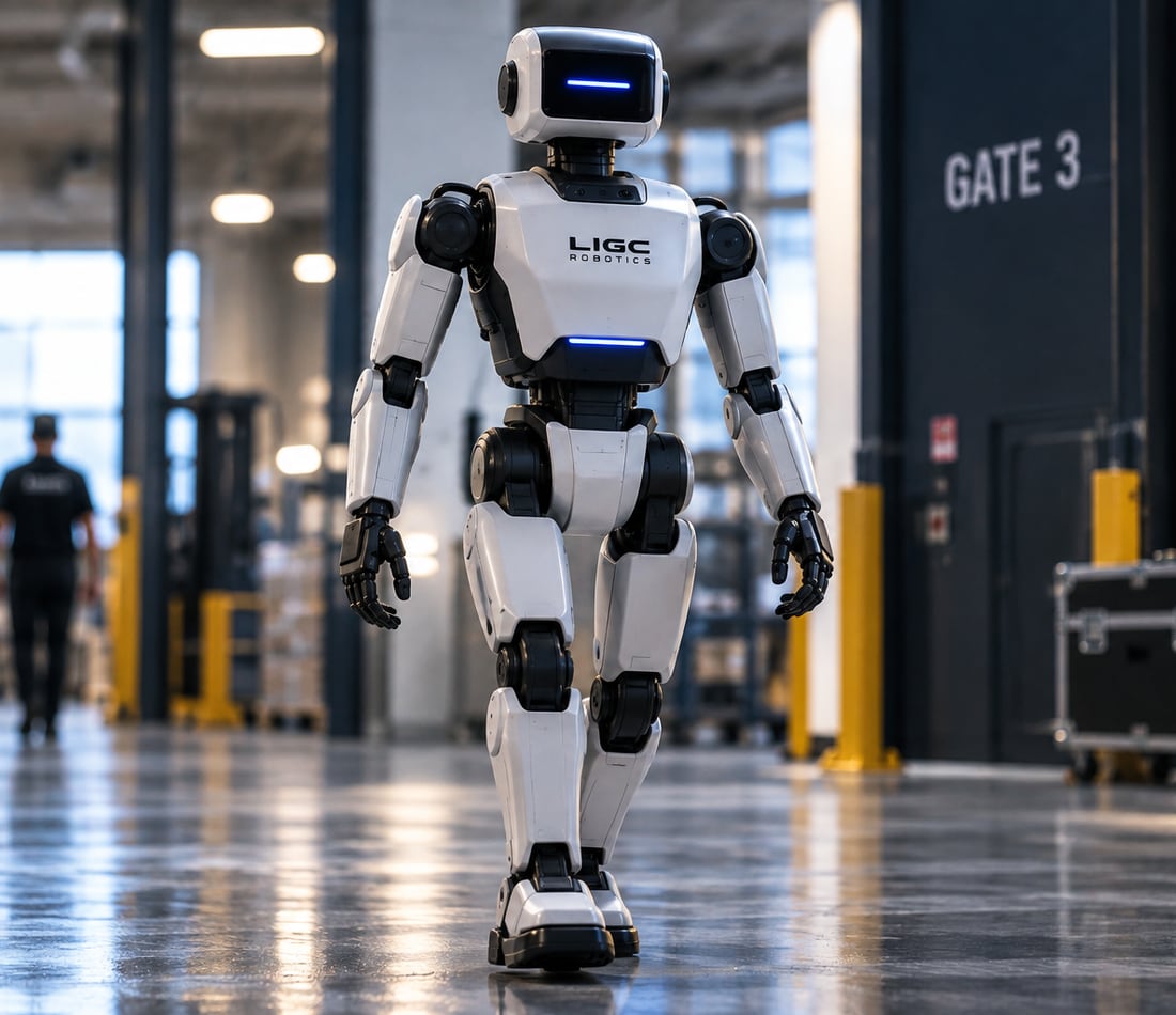 A two-legged general-purpose robot walking a warehouse aisle past a loading gate.
