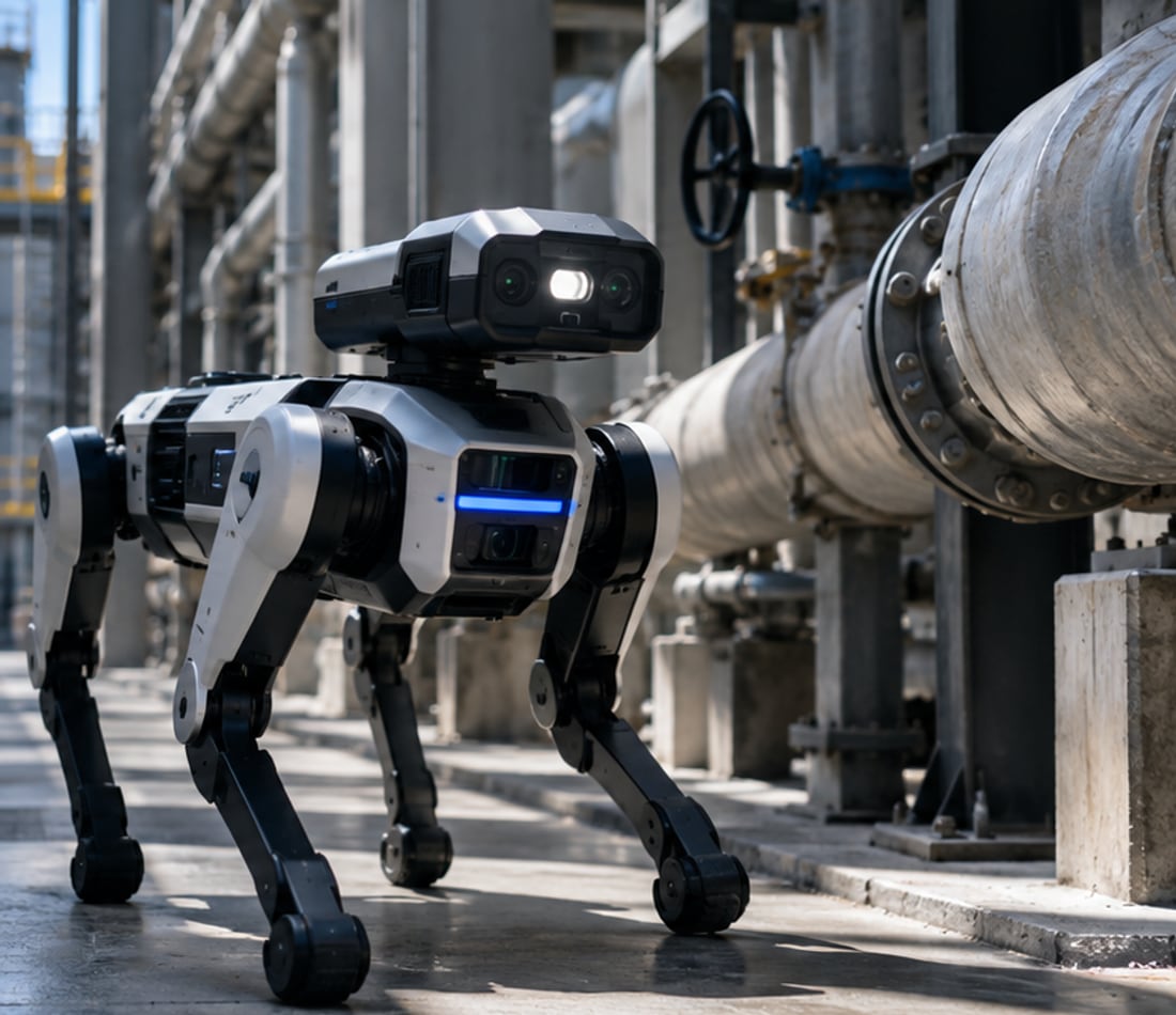 A four-legged inspection robot walking a plant corridor beside overhead process piping.