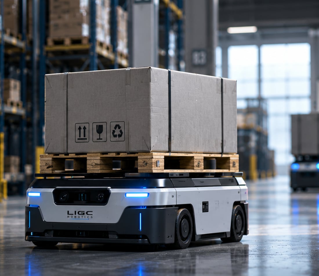 A low-profile autonomous mobile robot carrying a palletised load past warehouse racking.