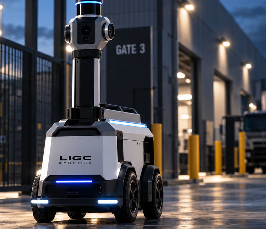 A wheeled monitoring robot with a raised sensor mast on patrol at a site gate.