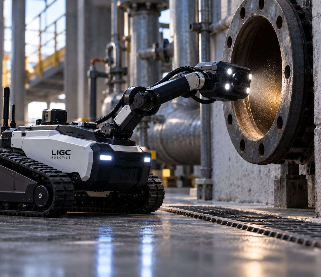 A tracked inspection crawler reaching a lit camera head into a large pipe flange inside a process plant.