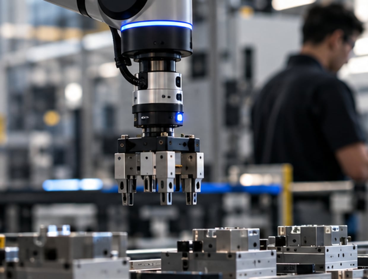 Close view of a robot arm wrist and multi-finger gripper above a bench of machined fixtures.