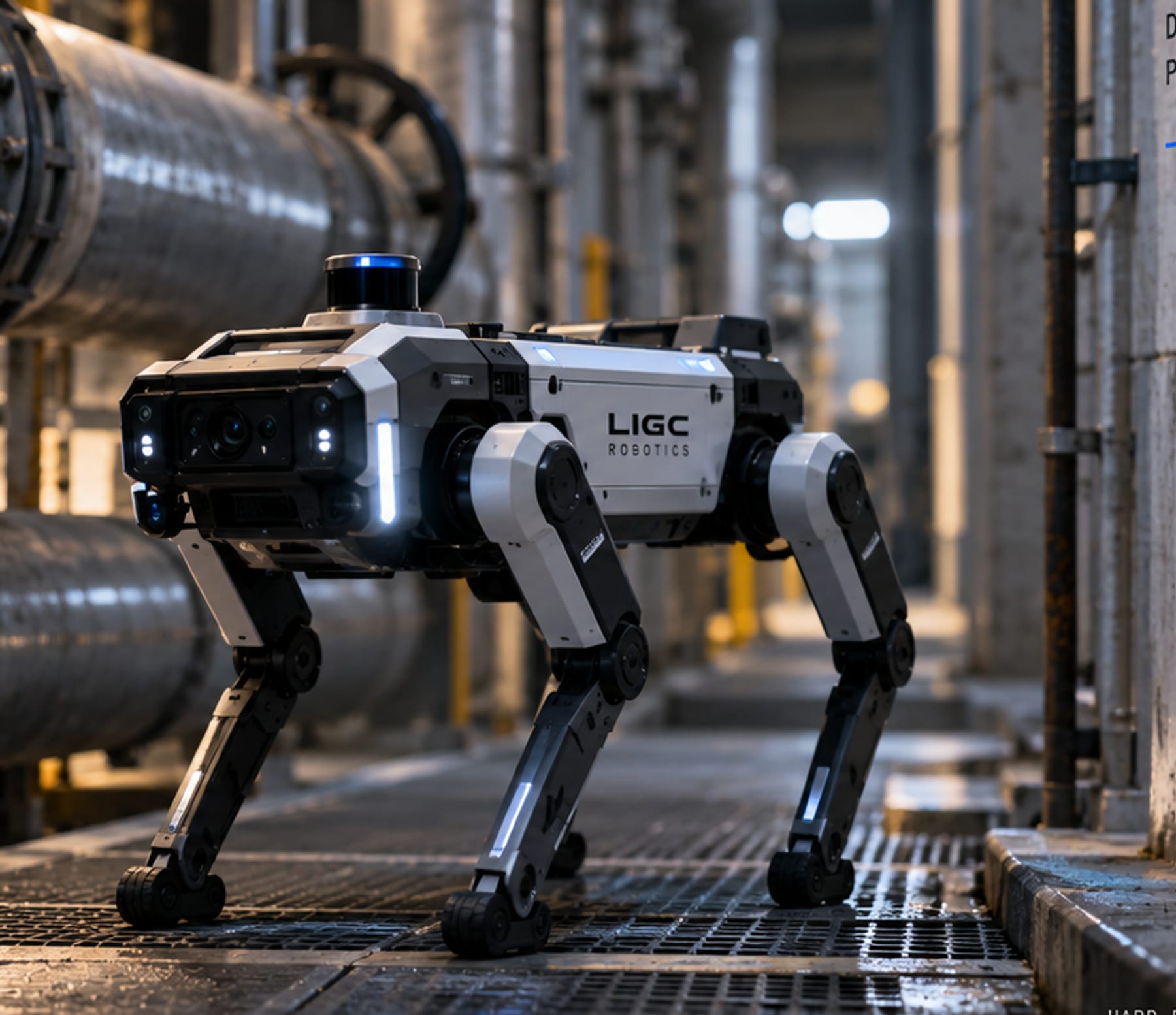 A four-legged inspection robot on a steel walkway inside a process plant.